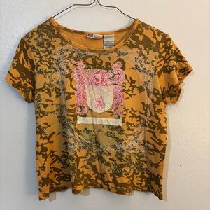 Faded Glory Mustard Yellow Camo Tee with Pink Crest